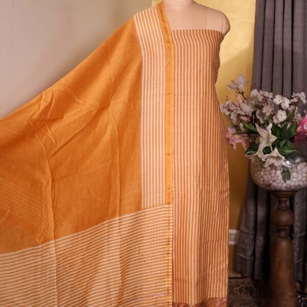 Mustard Striped Mal Suit with Floral Hemline & Printed Dupatta
