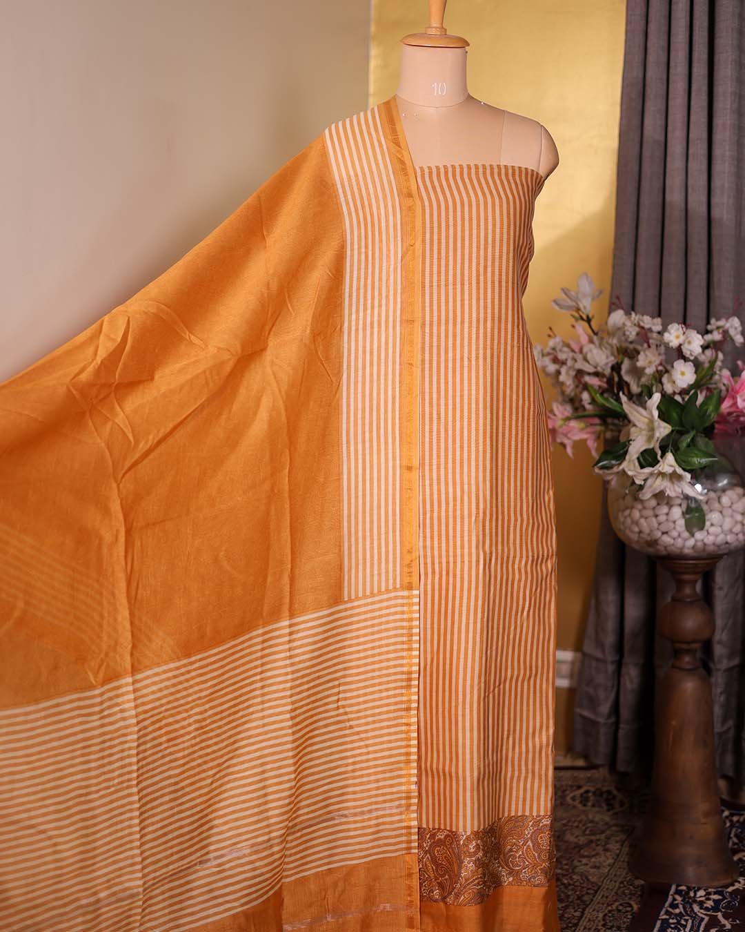Mustard Striped Mal Suit with Floral Hemline & Printed Dupatta