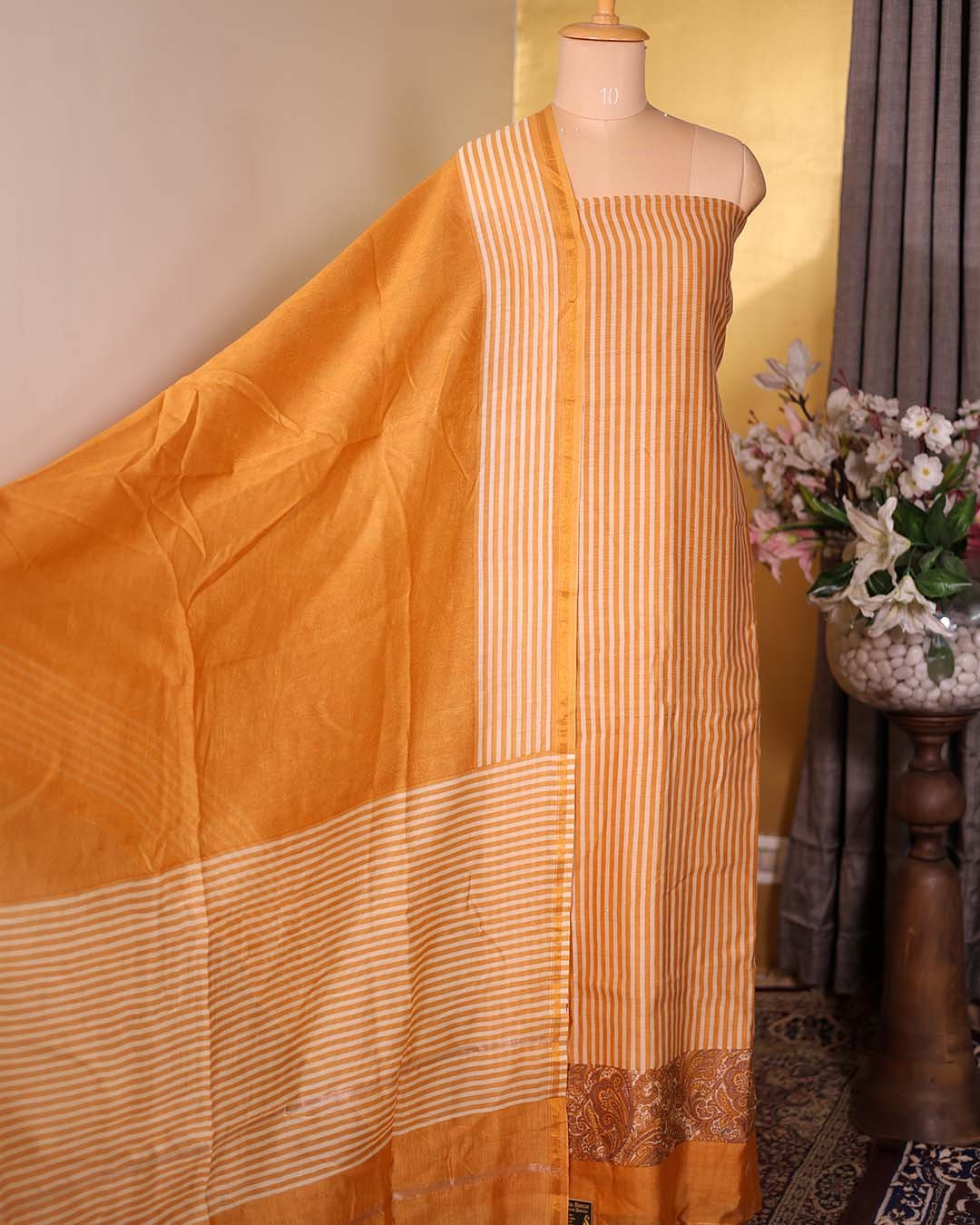 Second image of Mustard Striped Mal Suit with Floral Hemline & Printed Dupatta