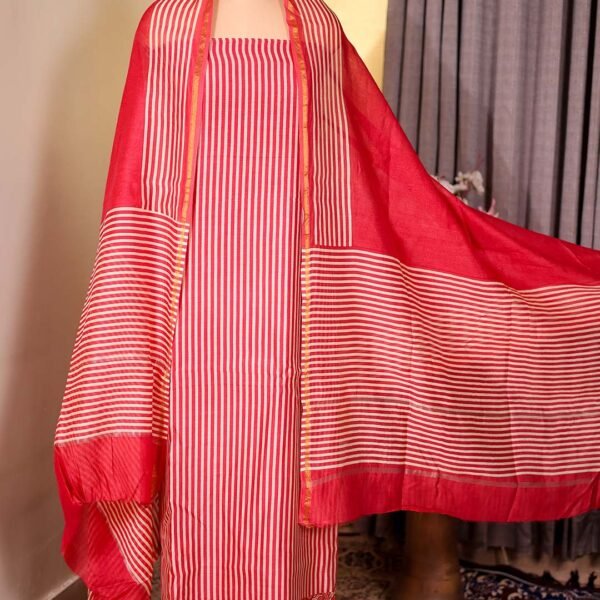 Red Striped Mal Suit with Floral Hemline & Printed Dupatta