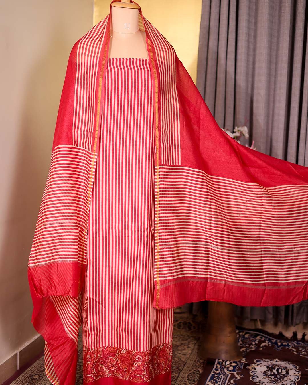 Red Striped Mal Suit with Floral Hemline & Printed Dupatta