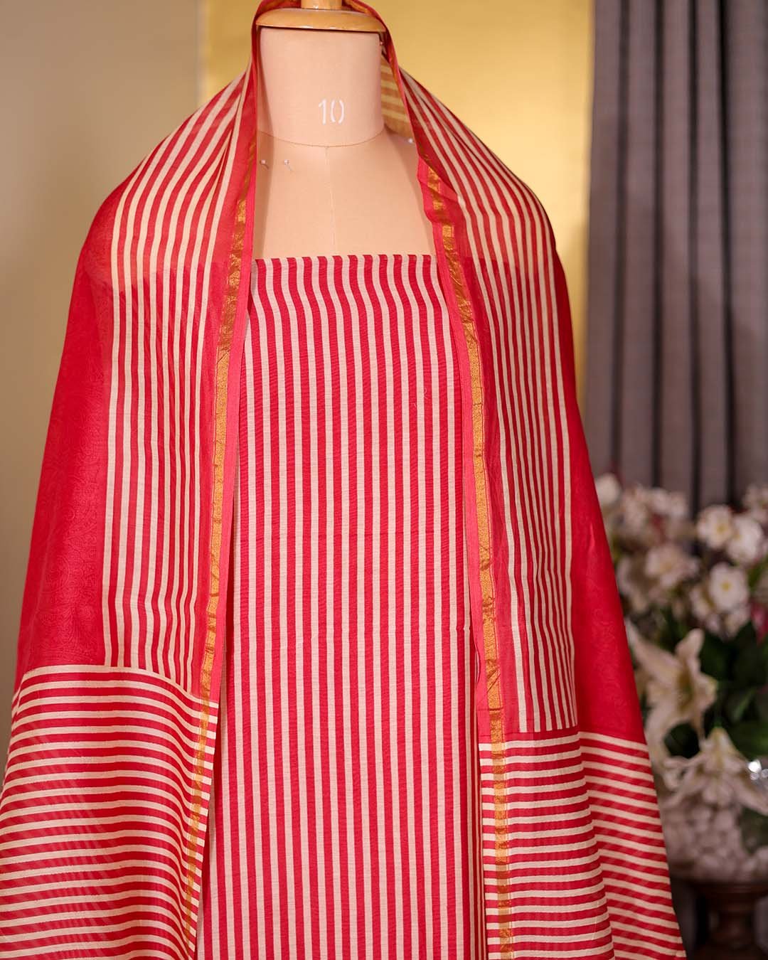 Second image of Red Striped Mal Suit with Floral Hemline & Printed Dupatta