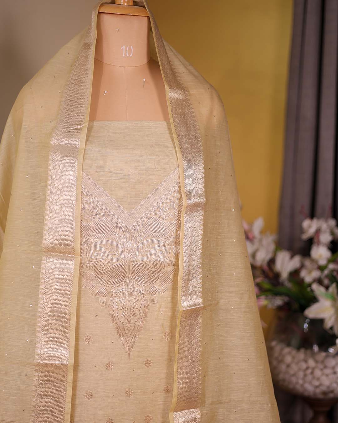 Second image of Light Green Summer Silk Suit with Banarasi Weaving & Muqaish Work