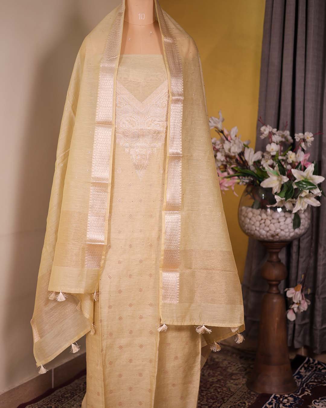 Light Green Summer Silk Suit with Banarasi Weaving & Muqaish Work