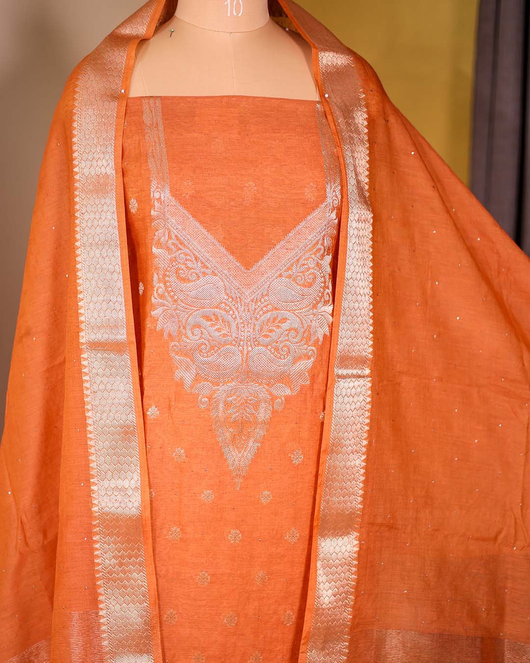 Second image of Rust Summer Silk Suit with Banarasi Weaving & Muqaish Work