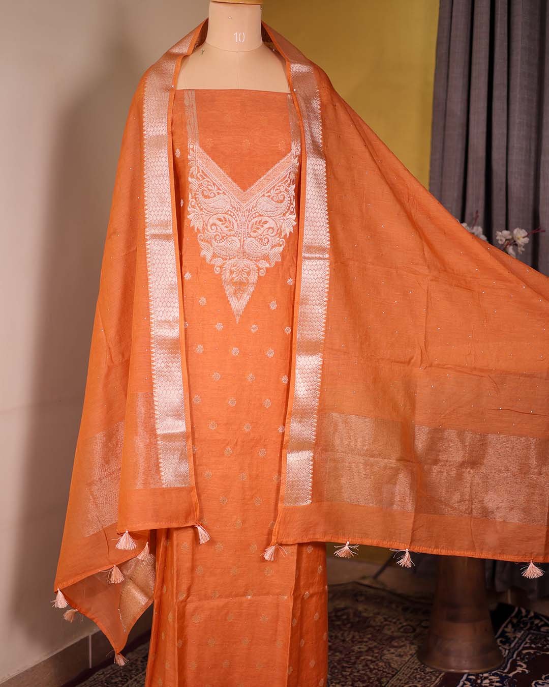 Rust Summer Silk Suit with Banarasi Weaving & Muqaish Work