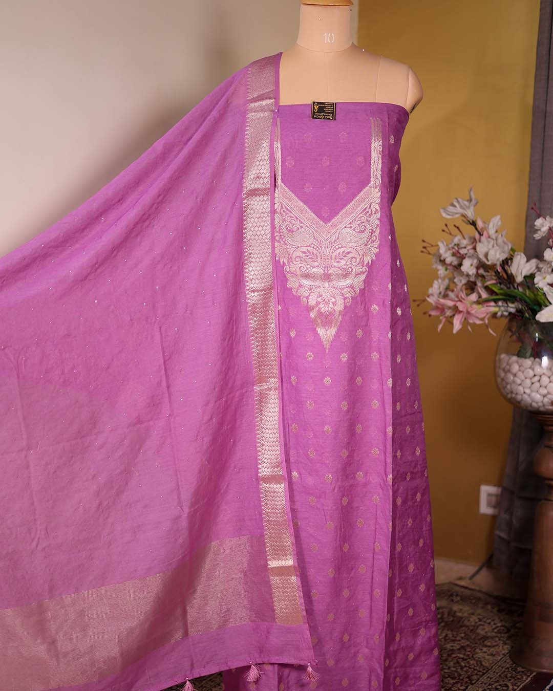 Purple Summer Silk Suit with Banarasi Weaving & Muqaish Work