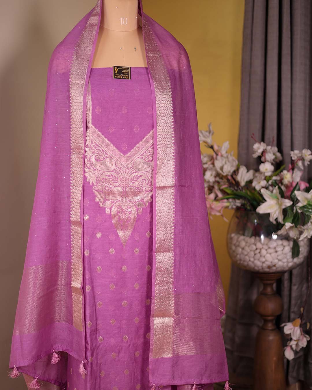 Second image of Purple Summer Silk Suit with Banarasi Weaving & Muqaish Work