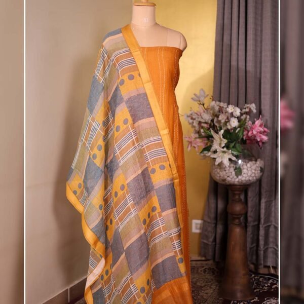 Pure Mal Suit with Kantha Work & Printed Dupatta – Burnt Orange