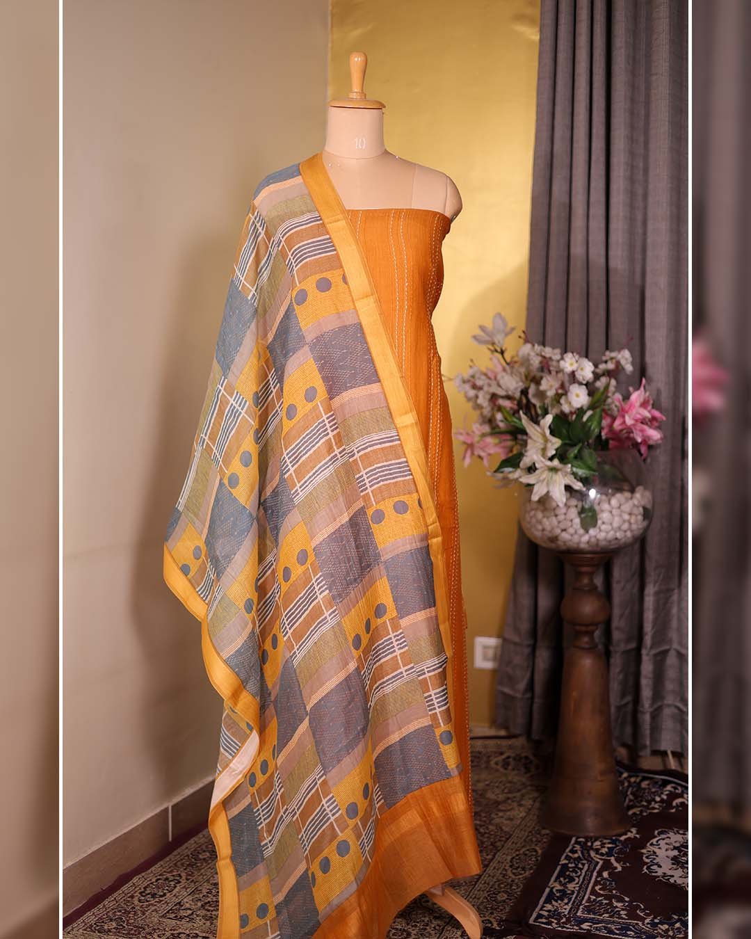 Pure Mal Suit with Kantha Work & Printed Dupatta – Burnt Orange