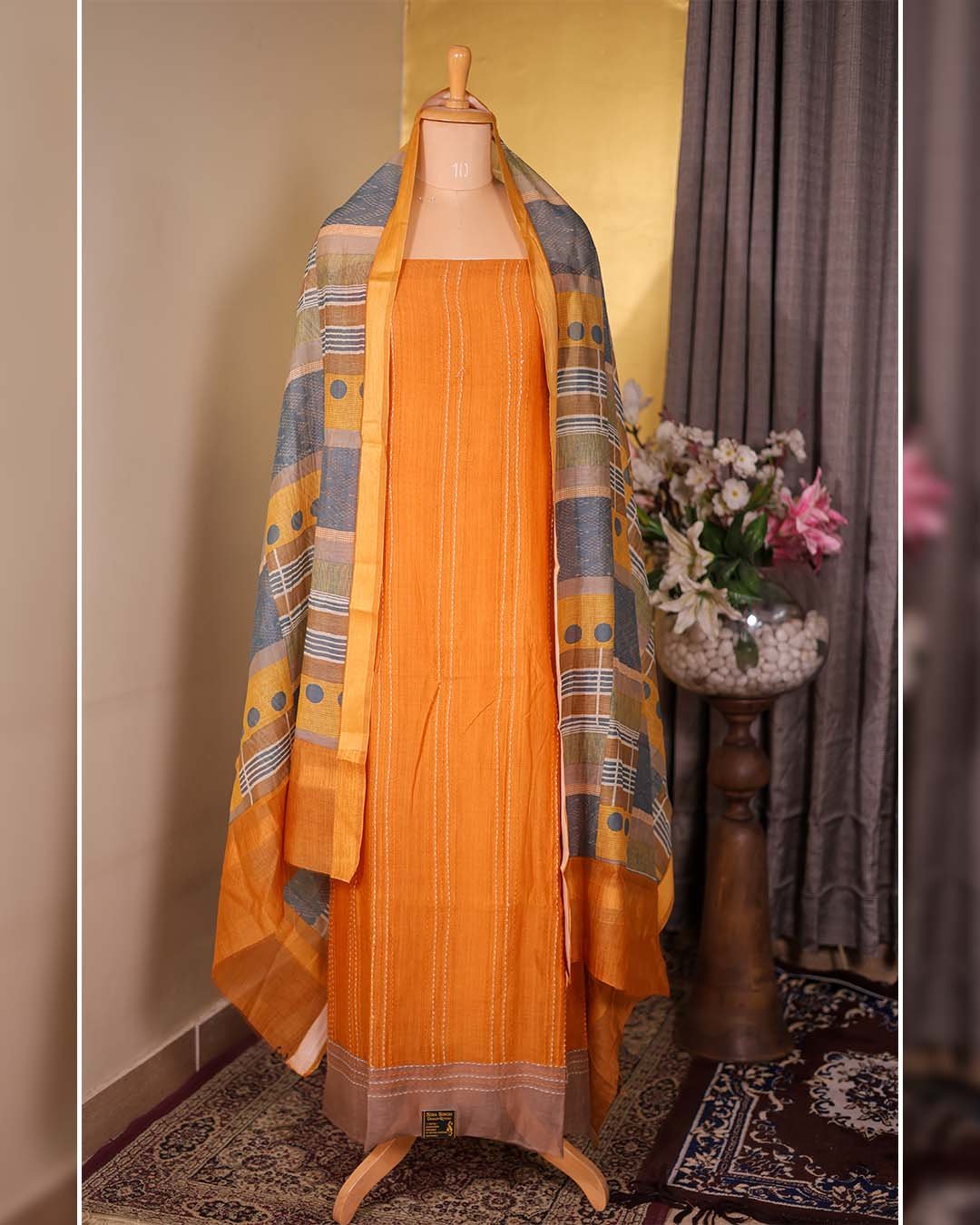 Second image of Pure Mal Suit with Kantha Work & Printed Dupatta – Burnt Orange