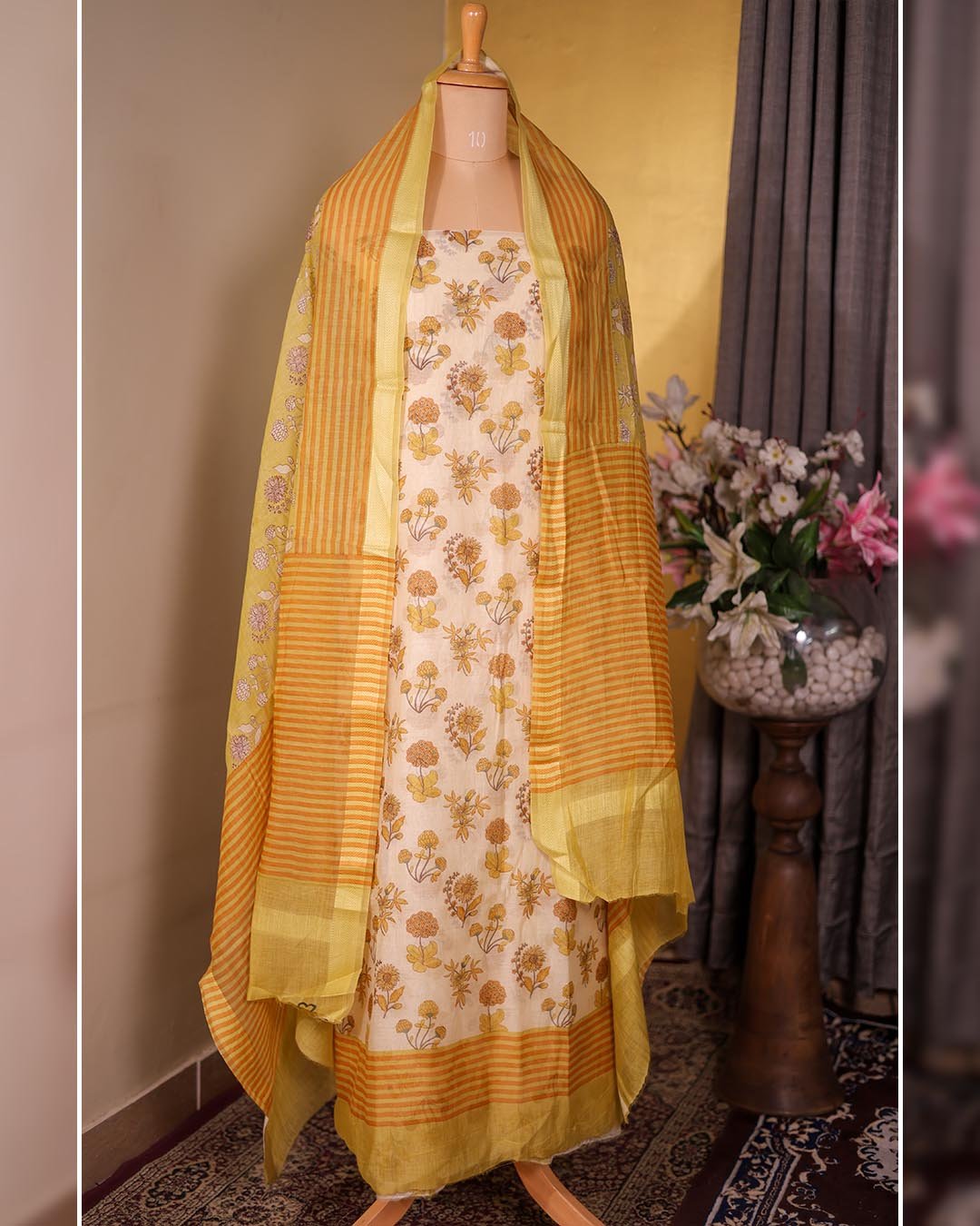 Second image of Pure Mal Printed Suit with Printed Dupatta – Yellow