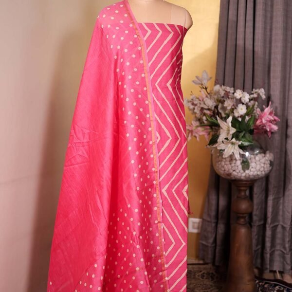 Cotton Maheshwari Zigzag Printed Suit with Polka Dot Dupatta – Pink