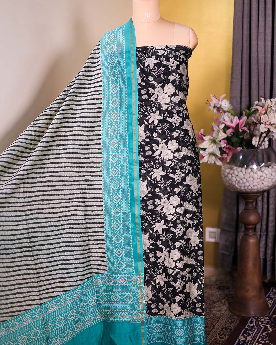 Rama Green Maheshwari Silk Floral Suit with Leheriya Dupatta