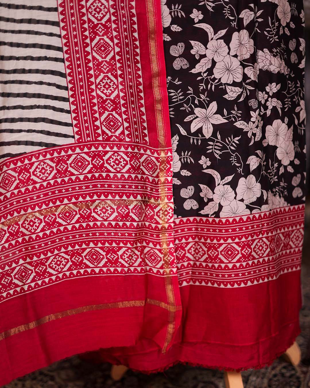 Second image of Red Maheshwari Silk Floral Suit with Leheriya Dupatta