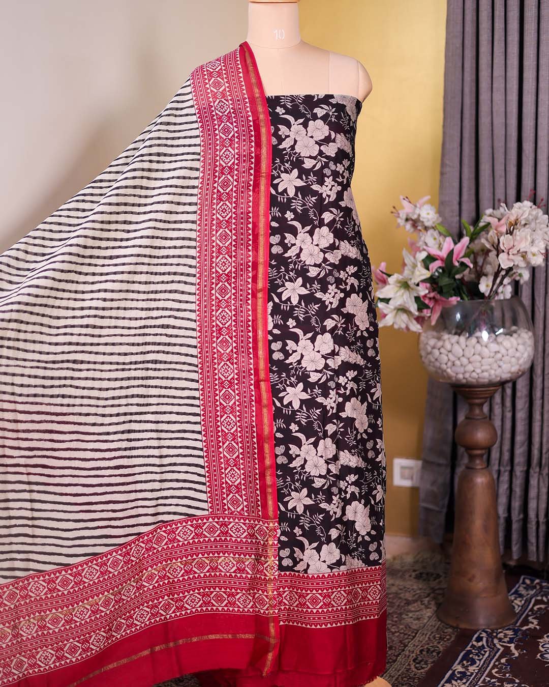 Red Maheshwari Silk Floral Suit with Leheriya Dupatta