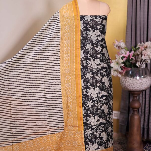 Yellow Maheshwari Silk Floral Suit with Leheriya Dupatta