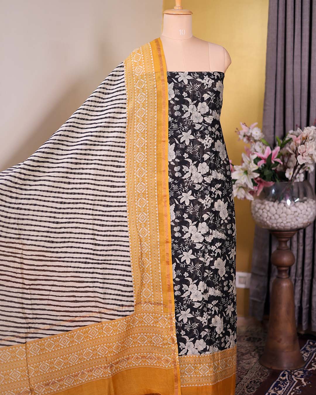 Yellow Maheshwari Silk Floral Suit with Leheriya Dupatta