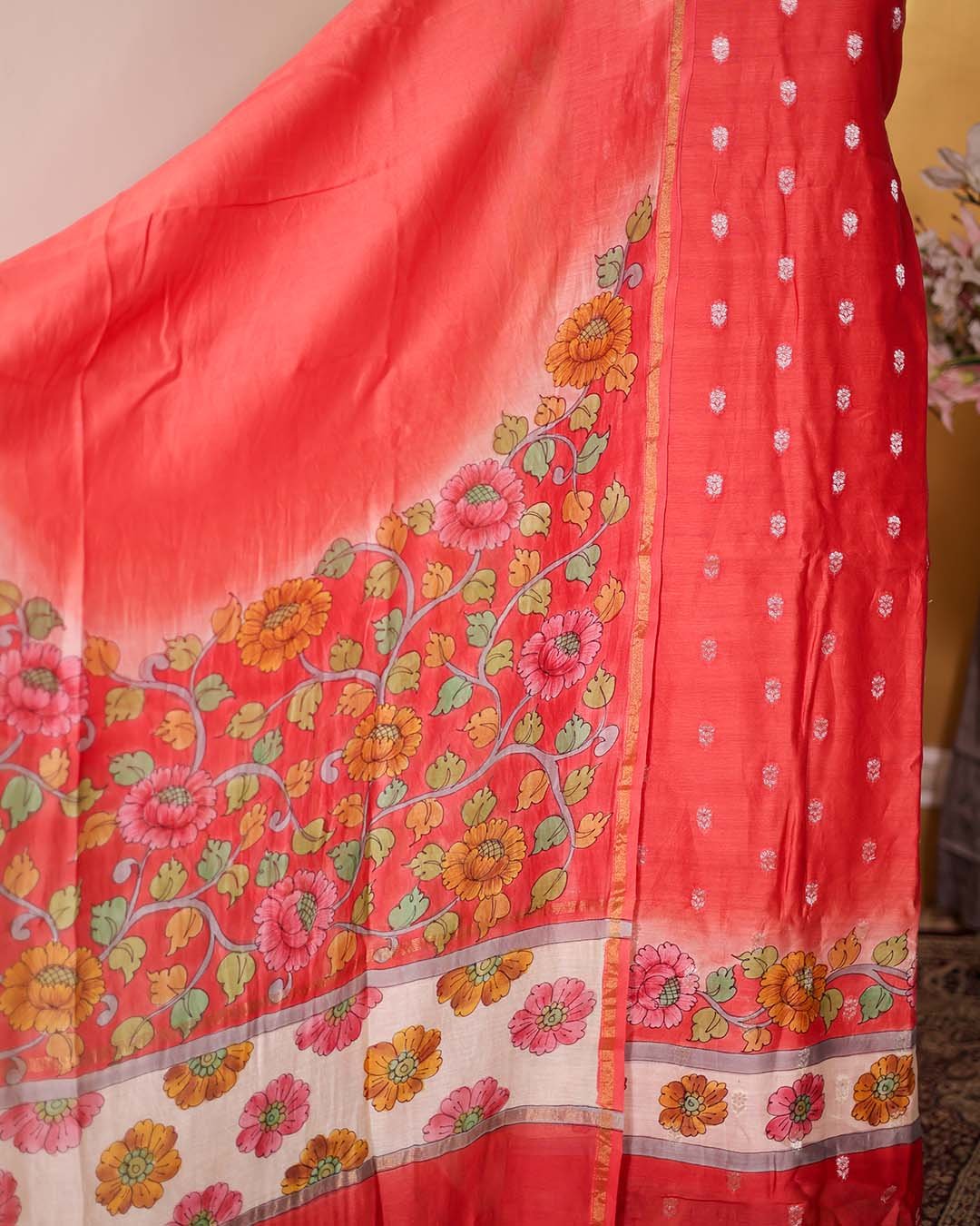 Second image of Red Maheshwari Silk Suit with Zari Booties & Floral Printed Dupatta