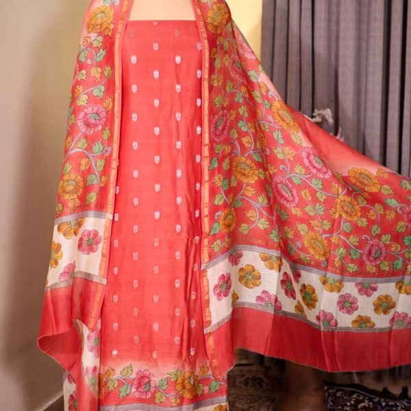 Red Maheshwari Silk Suit with Zari Booties & Floral Printed Dupatta