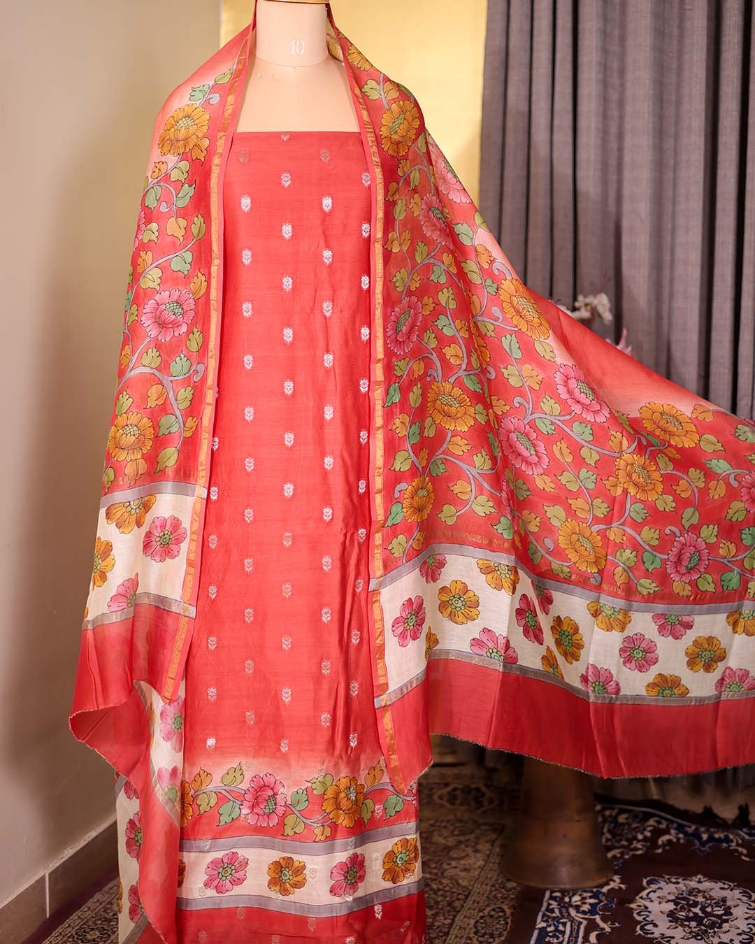 Red Maheshwari Silk Suit with Zari Booties & Floral Printed Dupatta