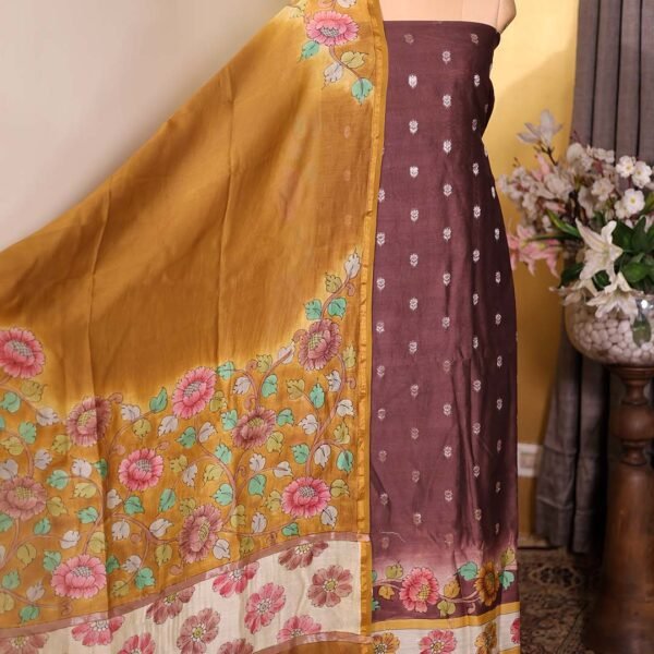 Chocolate Brown Maheshwari Silk Suit with Zari Booties & Floral Printed Dupatta