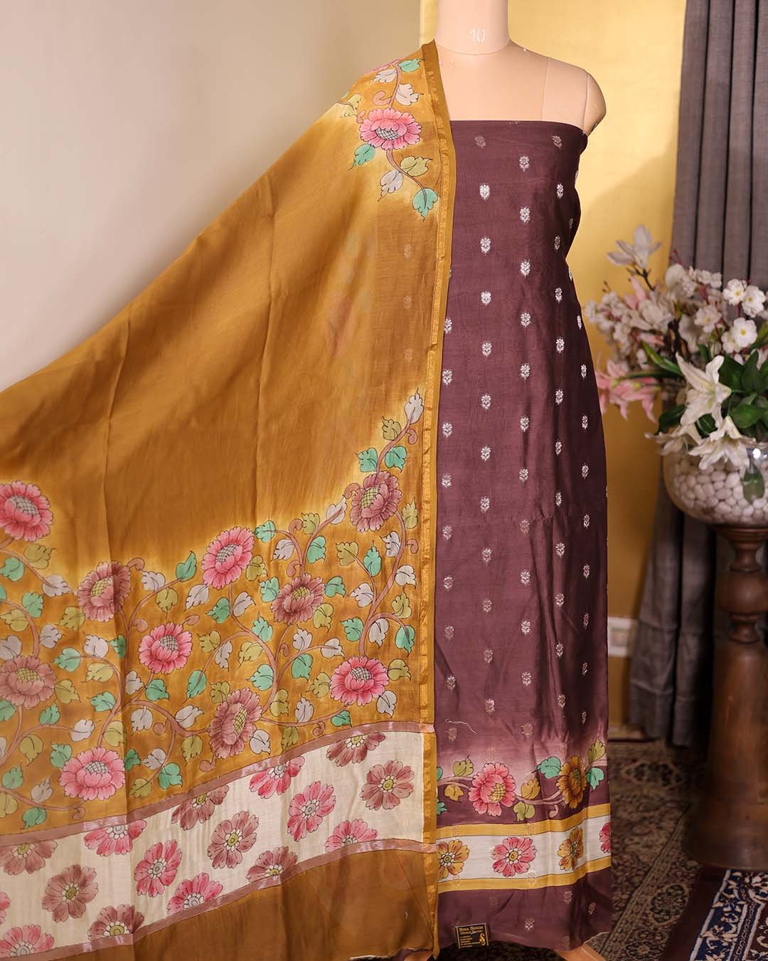 Chocolate Brown Maheshwari Silk Suit with Zari Booties & Floral Printed Dupatta