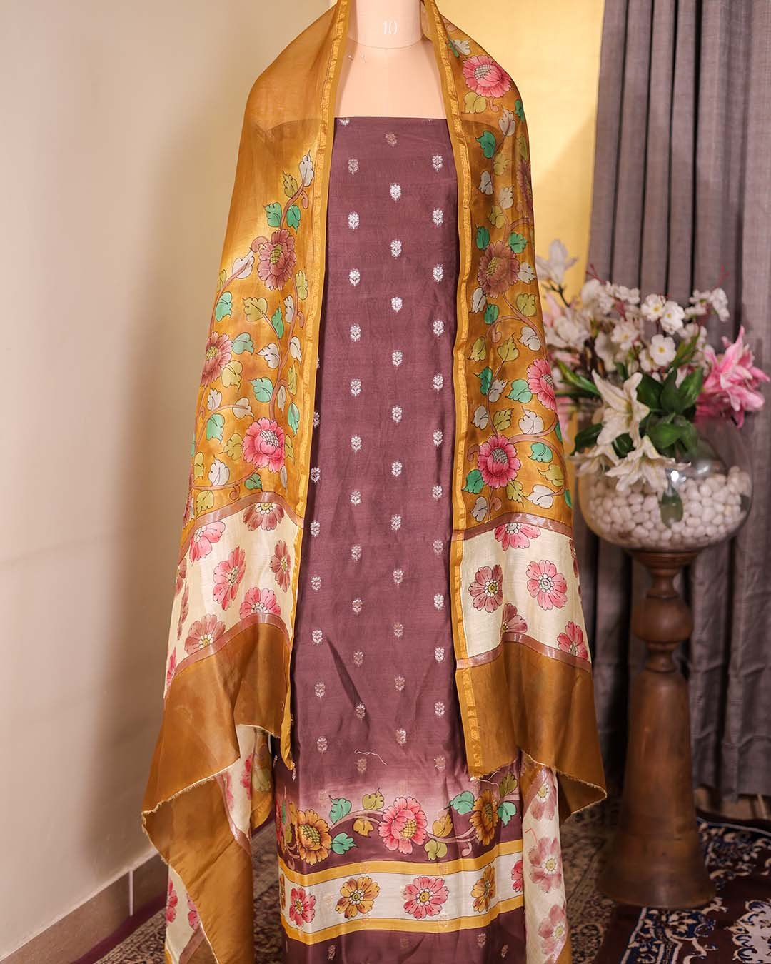 Second image of Chocolate Brown Maheshwari Silk Suit with Zari Booties & Floral Printed Dupatta