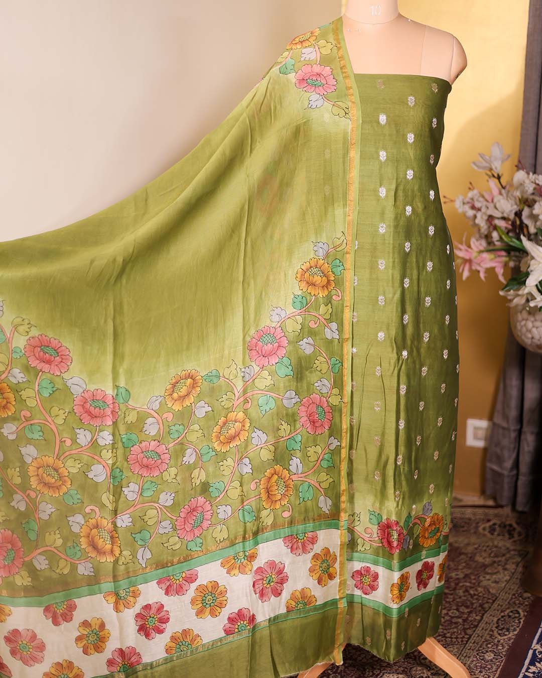 Green Maheshwari Silk Suit with Zari Booties & Floral Printed Dupatta