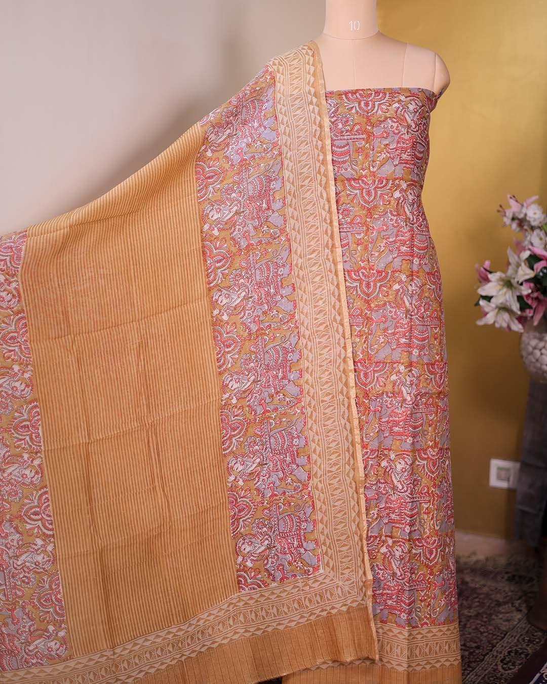 Mustard Pure Mal Suit with Kalamkari Print