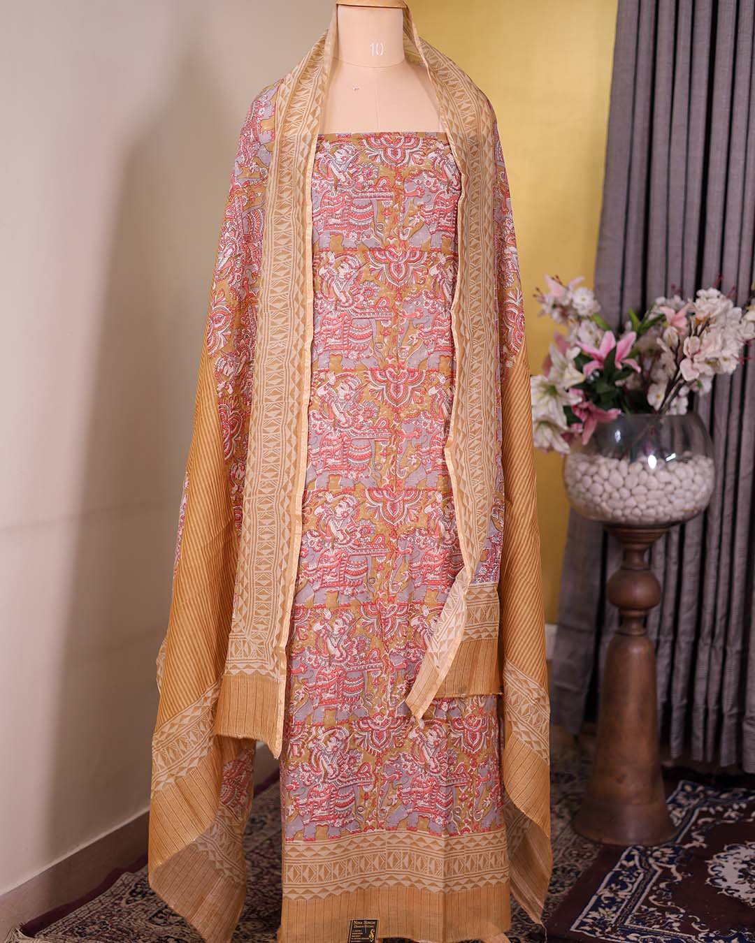 Second image of Mustard Pure Mal Suit with Kalamkari Print