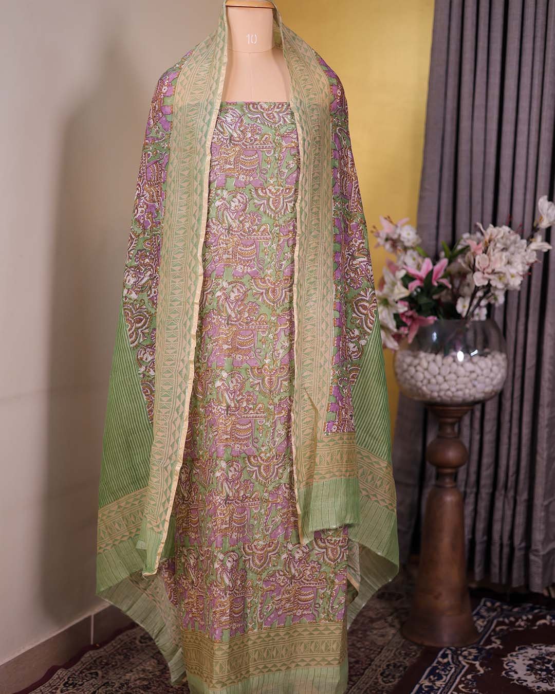 Second image of Green Pure Mal Suit with Kalamkari Print