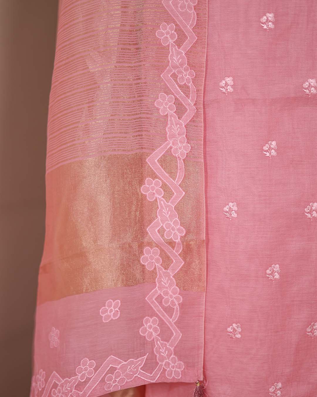 Second image of Pink Mal Suit with Thread Bootis & Zari Striped Dupatta