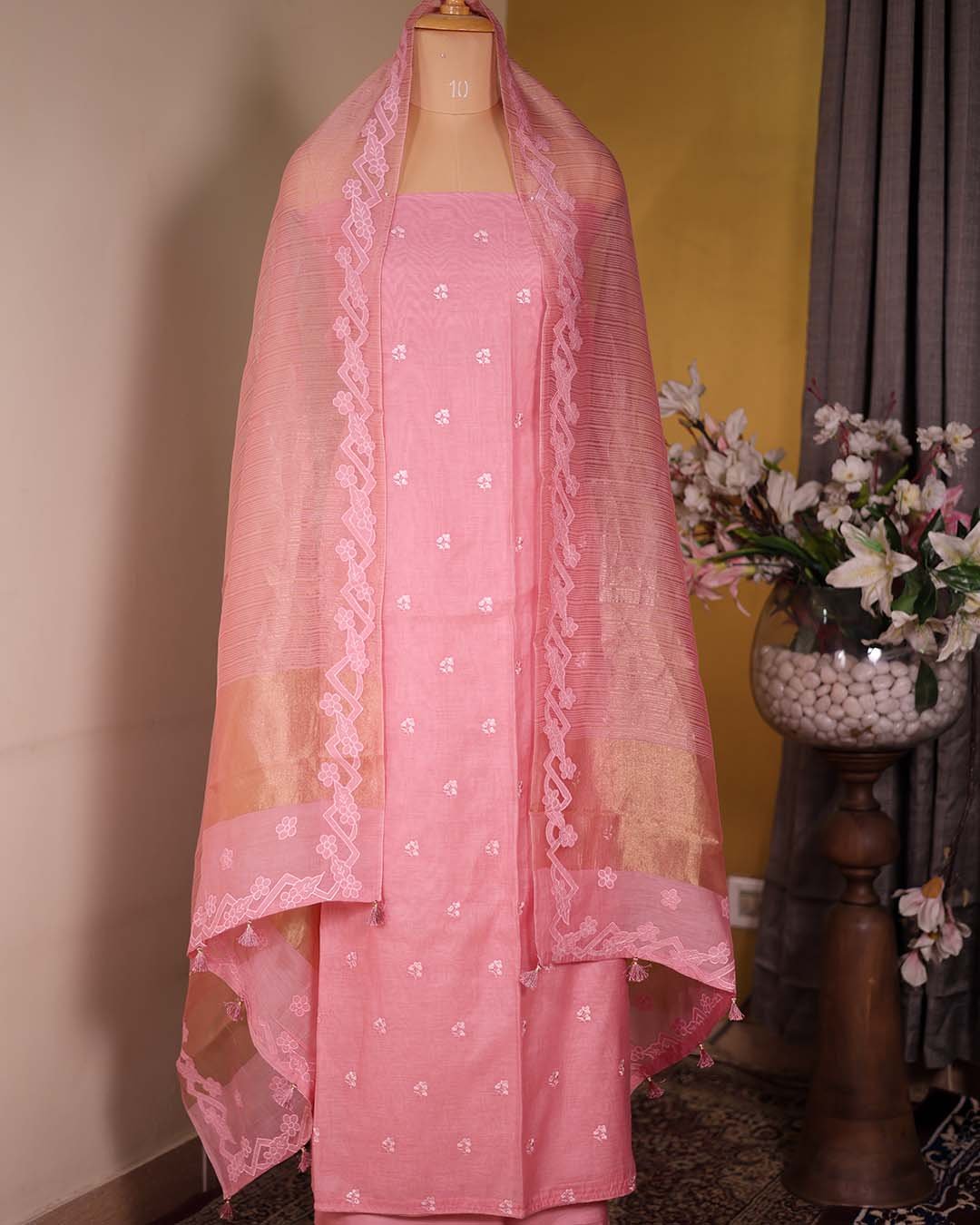 Pink Mal Suit with Thread Bootis & Zari Striped Dupatta