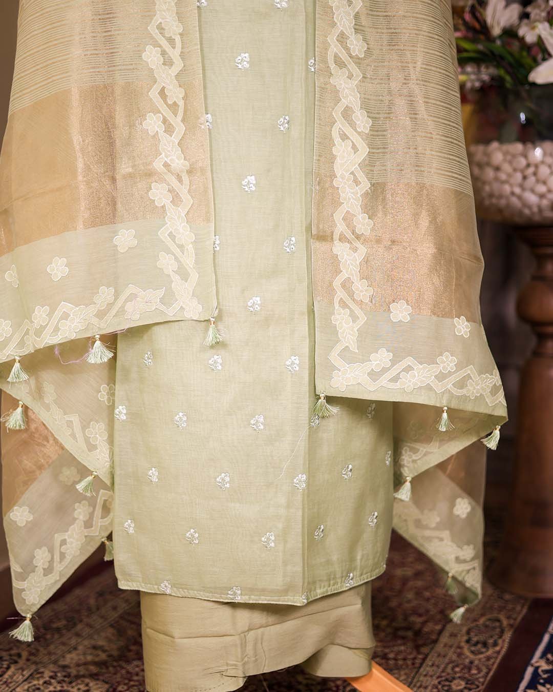 Second image of Green Mal Suit with Thread Bootis & Zari Striped Dupatta