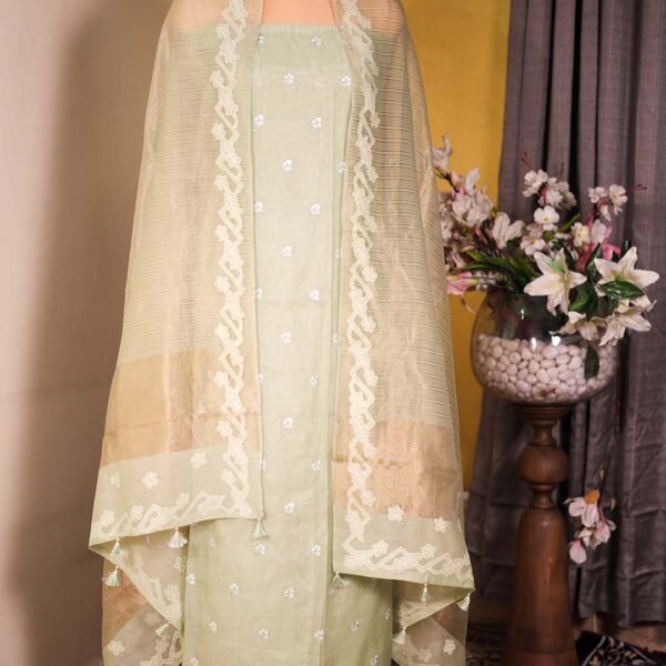 Green Mal Suit with Thread Bootis & Zari Striped Dupatta