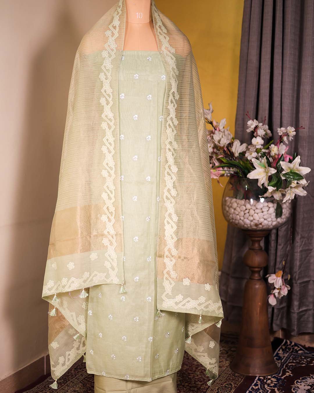 Green Mal Suit with Thread Bootis & Zari Striped Dupatta