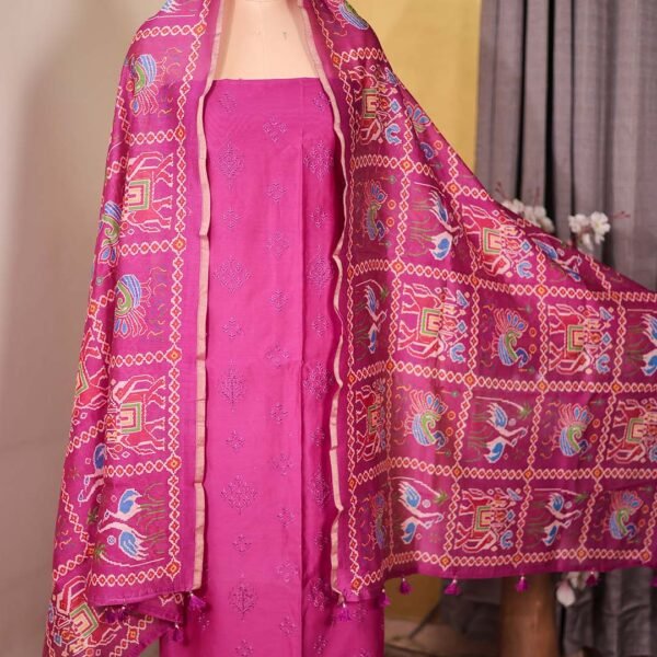 Wine Maheshwari Silk Suit with Tone-on-Tone Embroidery & Patola Dupatta
