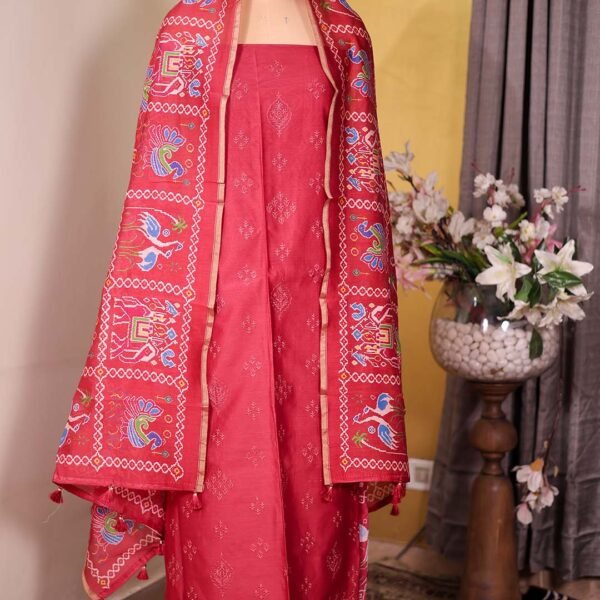 Red Maheshwari Silk Suit with Tone-on-Tone Embroidery & Patola Dupatta