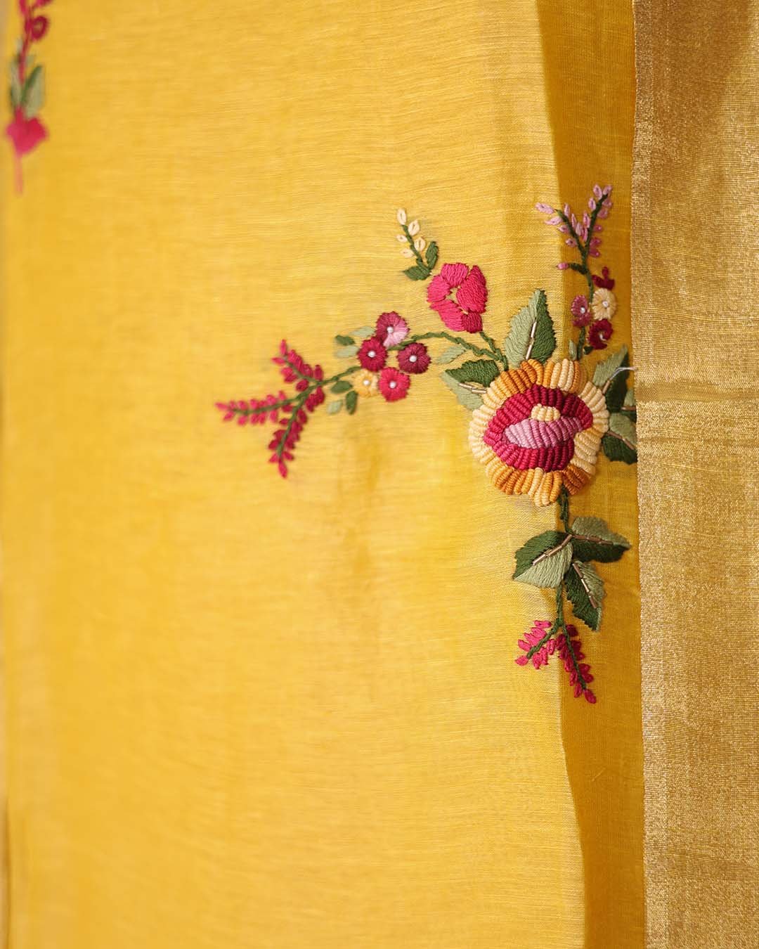 Second image of Yellow Silk Linen Suit with French Knot & Thread Embroidery