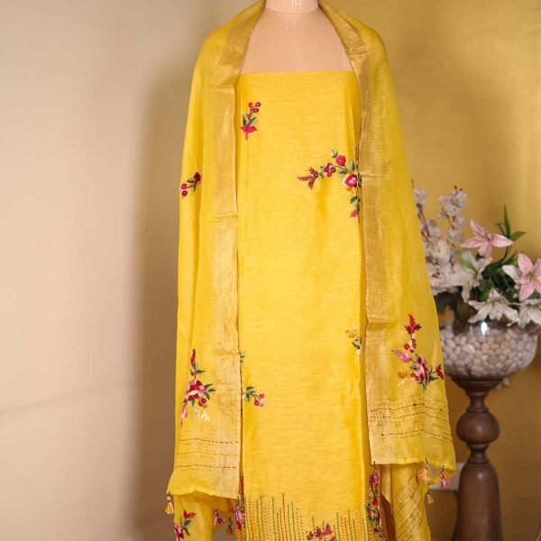 Yellow Silk Linen Suit with French Knot & Thread Embroidery