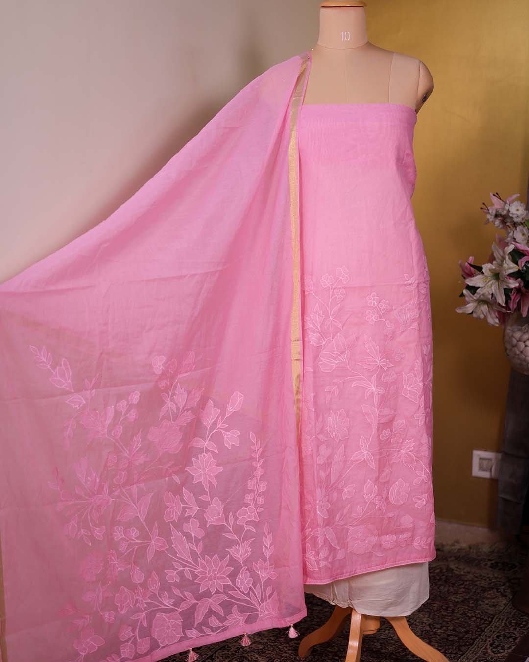 Pink Pure Mal Chanderi Suit with Tone-on-Tone Embroidery