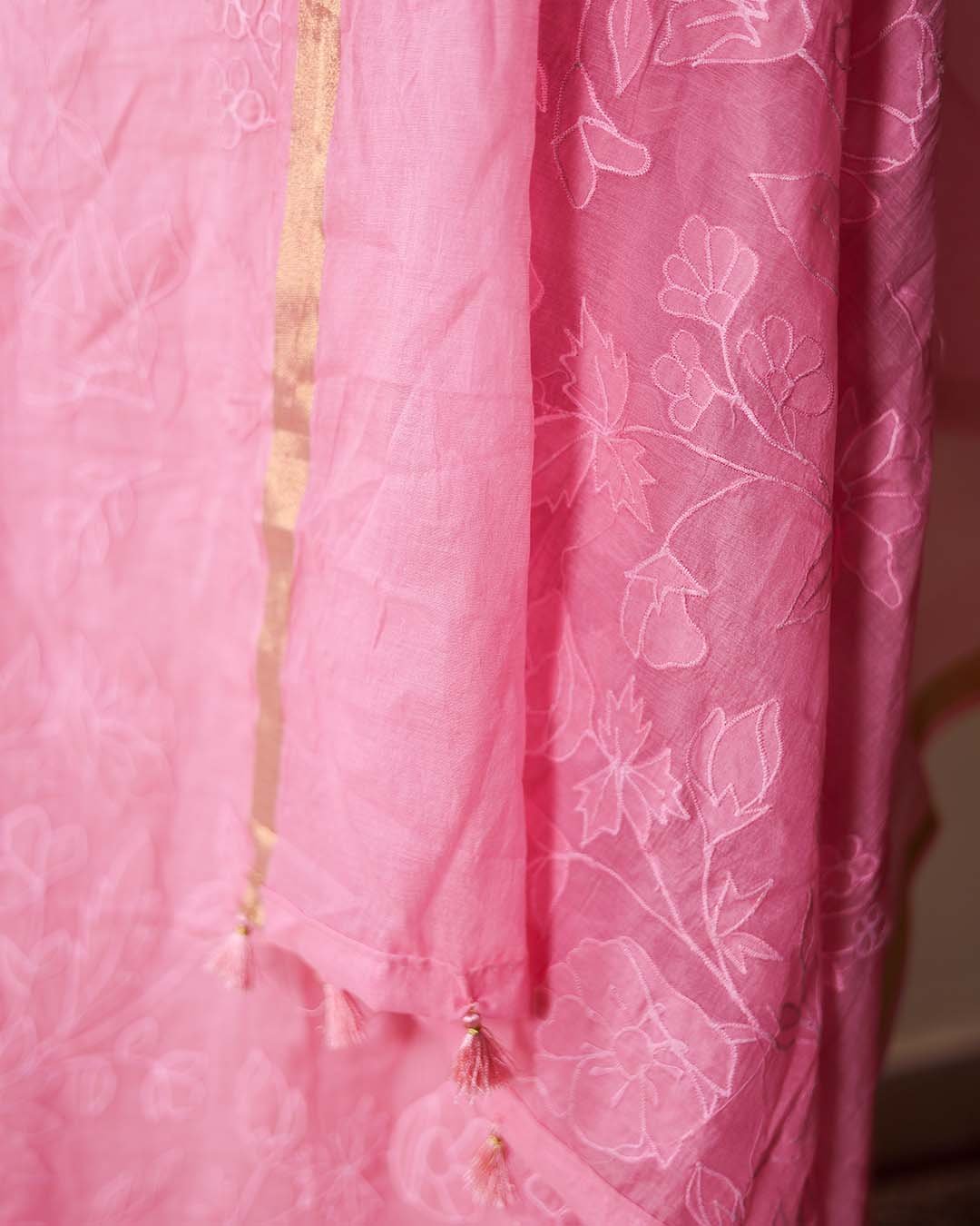 Second image of Pink Pure Mal Chanderi Suit with Tone-on-Tone Embroidery
