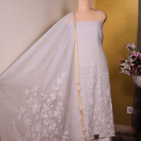 Grey Pure Mal Chanderi Suit with Tone-on-Tone Embroidery
