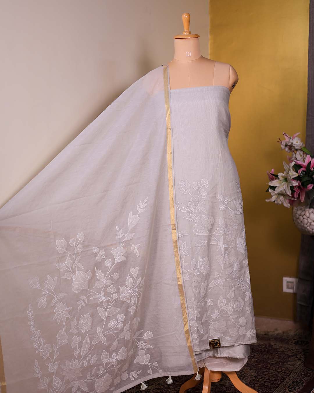 Grey Pure Mal Chanderi Suit with Tone-on-Tone Embroidery