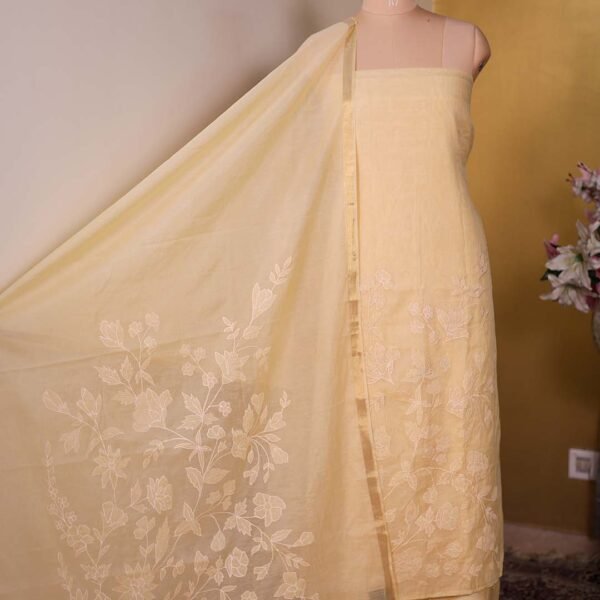 Butter Yellow Pure Mal Chanderi Suit with Tone-on-Tone Embroidery