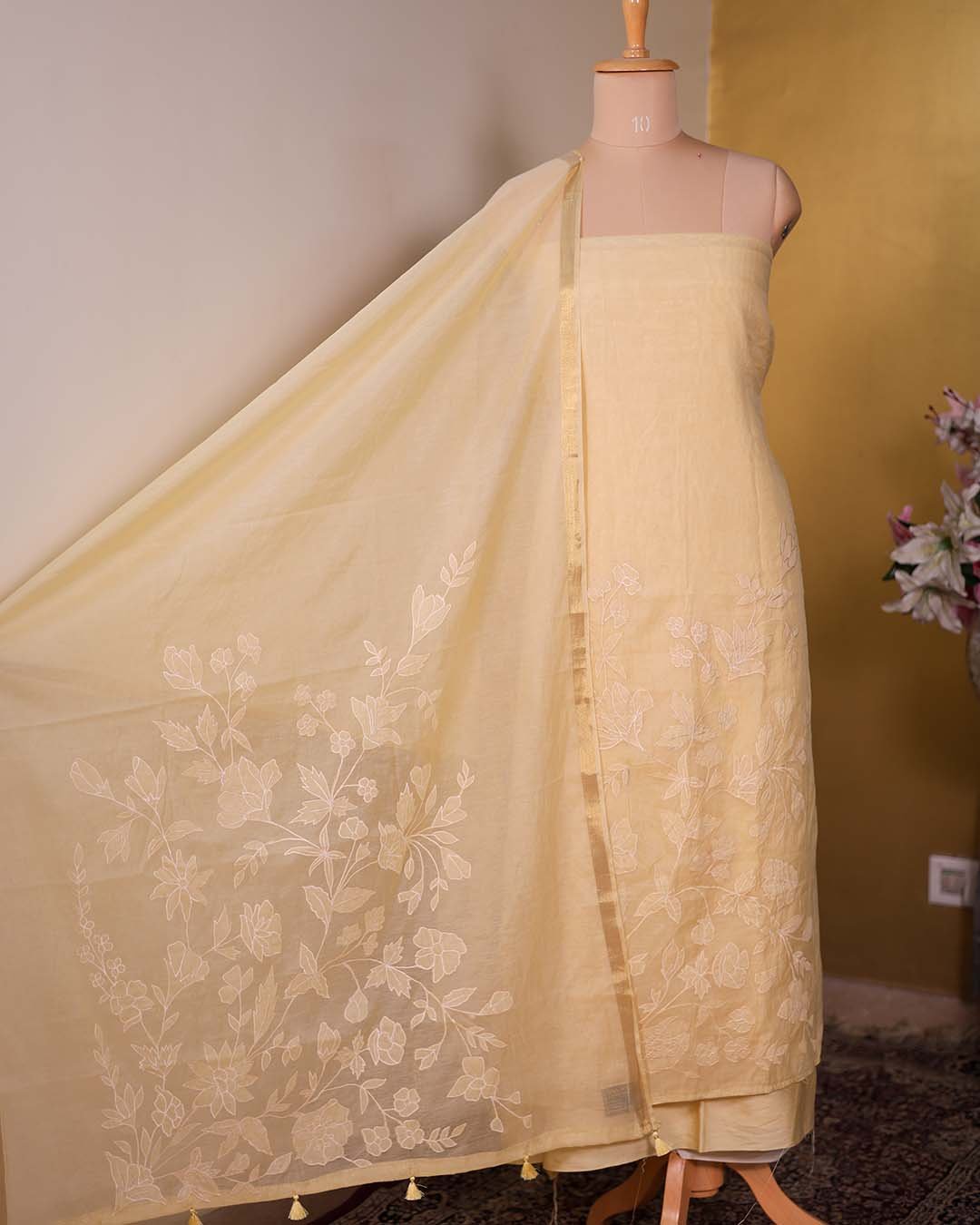 Butter Yellow Pure Mal Chanderi Suit with Tone-on-Tone Embroidery