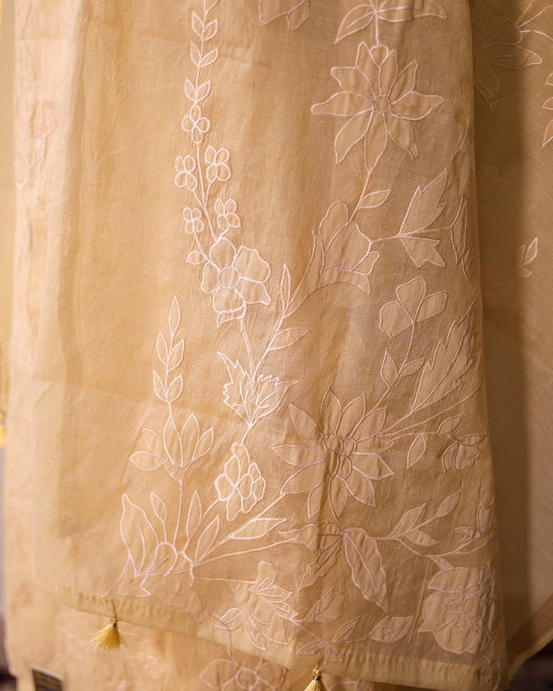 Second image of Butter Yellow Pure Mal Chanderi Suit with Tone-on-Tone Embroidery