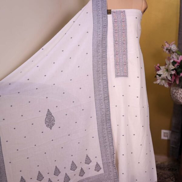 White Cotton Suit with Peach Beadwork & Weaving