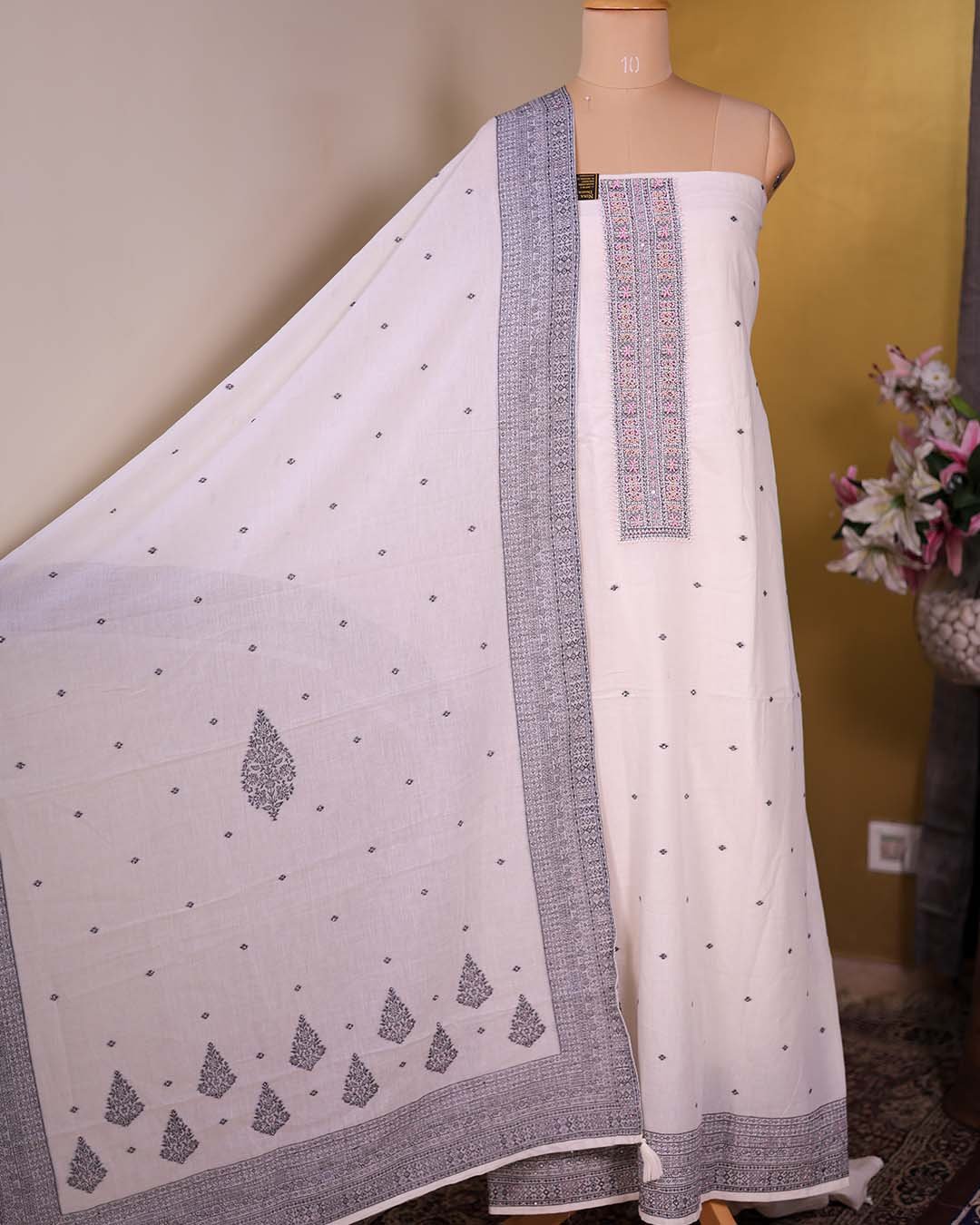 White Cotton Suit with Peach Beadwork & Weaving